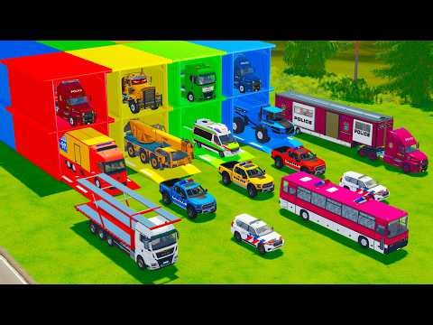 TRANSPORTING POLICE CARS, FIRE ENGINE, AMBULANCE, TIPPER TRUCK TO GARAGE - FS22