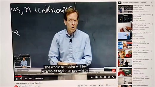 Prof. Gilbert Strang from MIT giving a lecture on Linear Algebra - solving a system of two linear equations using a matrix. He really was a great teacher! I think he is now retired.