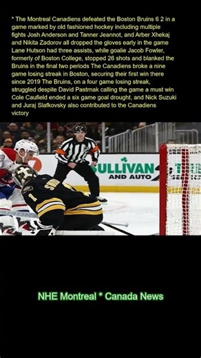 The Montreal Canadiens defeated the Boston Bruins 6-2 in a game marked by old-fashioned hockey inclu