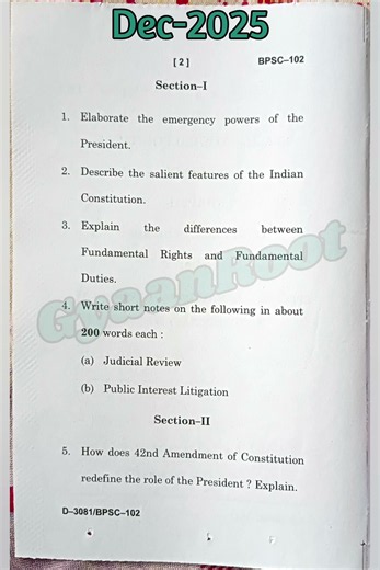 BPSC-102: CONSTITUTIONAL GOVERNMENT AND DEMOCRACY IN INDIA DEC 2025 #ignou