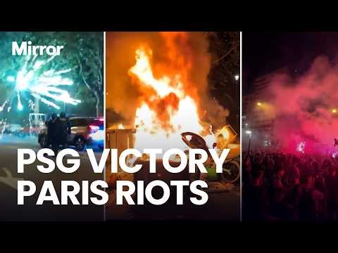 PSG fans launch FIREWORKS and sets bikes on FIRE during celebrations in Paris as Police arrest 45