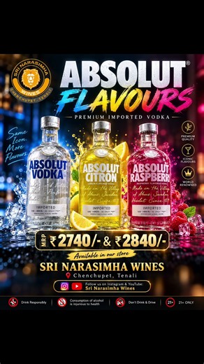 🍋🍓 ABSOLUT VODKA FLAVOURS | FREE ABSOLUT MIXER 🎁 | Sri Narasimha Wines Tenali #absolut