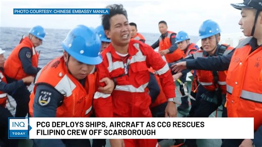 The China Coast Guard rescues several Filipino crew members whose cargo vessel capsized off Panatag (Scarborough) Shoal, while the Philippine Coast Guard deploys its vessels and aircraft for search and rescue operations. Read more: https://inqnews.net/PCGdeploysShipsAircraft | INQUIRER.net