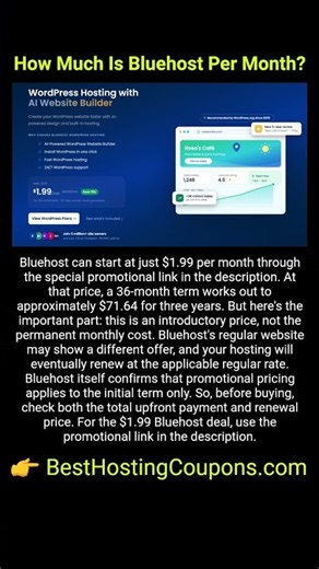 How Much Is Bluehost Per Month? #bluehost #webhosting #shorts