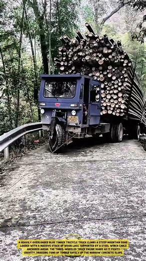Overloaded timber tricycle truck climbing steep mountain road : wooden log transport truck pulled