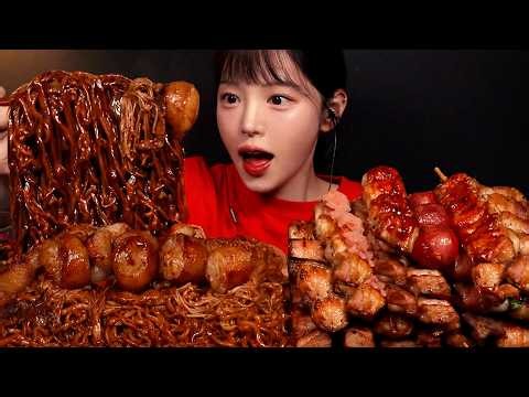 SUB)바삭촉촉 대창에 불닭게티 먹방! 닭꼬치까지 쌓아먹기 실비김치 짜파게티 불닭볶음면 꿀조합 Daechang & Buldak Jjajang ramyeon Mukbang Asmr