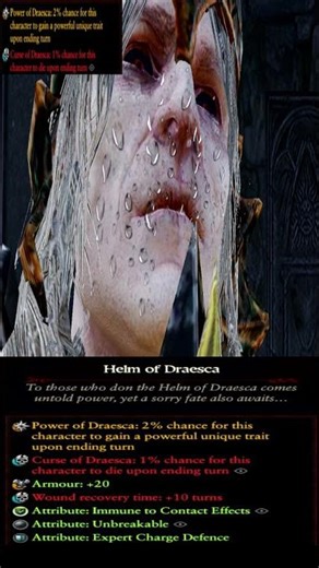 The Legendary item: Helm of Draesca, 2% Chance, You Gain a Powerful Trait, 1% Chance of Death