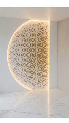 A decorative wall detail transformed into a warm interior render with soft lighting and golden glow