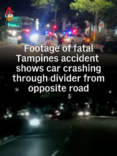 This is the moment a car crossed a road divider and crashed into a motorcycle and another car along Tampines Avenue 12 on Thursday (Oct 29) in a fatal collision caught on a passing vehicle's dashcam. The crash killed the motorcyclist and his female pillion passenger, who were both 24. Police are searching for a man and woman who allegedly fled the scene. #singapore #singaporenews