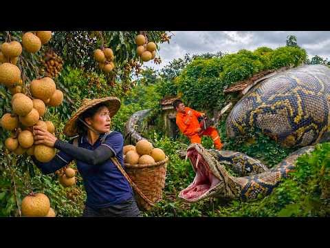 Harvesting Fresh Longan in Remote Orchard – Unexpected Encounter With Giant Python