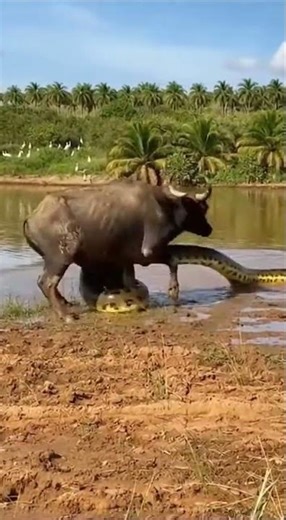 Anaconda attacks buffalo at the water's edge #animals #snake
