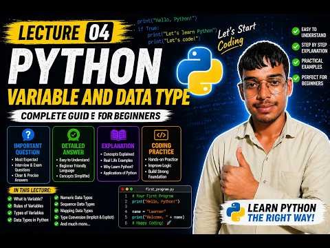 Python Lecture 4 🚀 | Variables & Data Types Full Explanation | Beginner Friendly Hindi