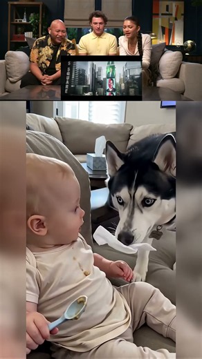 Spider-Man Cast Reacts to Spoon-Fed Sheldon 🍼 Funny Dogs and Baby