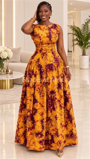 Golden hour in batik ✨ This mustard & plum tie-dye maxi dress has a ruched bodice, drop waist, and a full gathered skirt that moves beautifully. Perfect for weddings, church & dinner dates. Would you wear it? 💛 #AfricanFashion #BatikDress #MaxiDress #WeddingGuestStyle