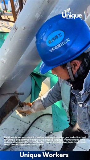 Precision Welding: Welder Chipping Slag to Reveal Clean Steel Weld