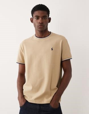 Polo Ralph Lauren classic fit icon logo tipped collar pique mesh t-shirt in beige | ASOS
