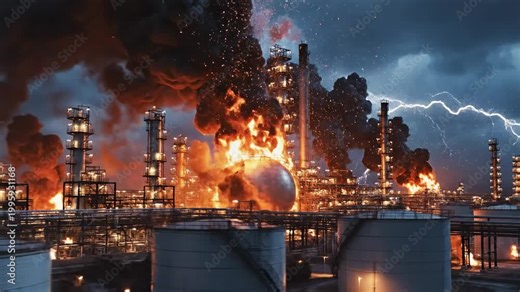 Dramatic industrial fire and explosion at an oil refinery plant during the night.