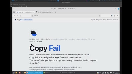 🚨 Copy Fail (CVE-2026-31431) – Linux LPE PoC in action | Vojtech Trcka