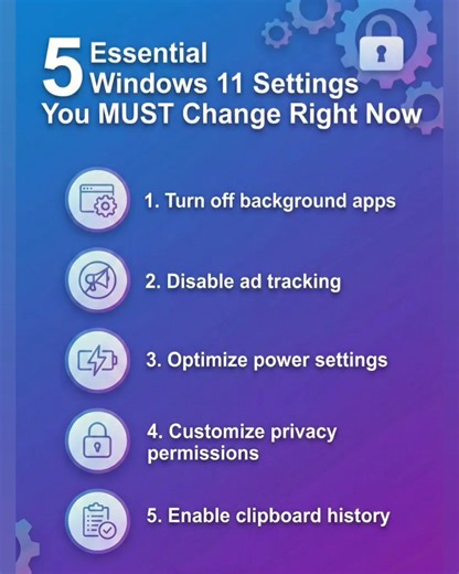 💻 Boost your Windows 11 experience! Here are 5 essential settings you MUST change right now for better privacy, performance, and control. 🔒⚡ Which one have you already done? ✅ #Windows11 #TechTips #PrivacyMatters #PCOptimization #TechSavvy #WindowsTips #CyberSecurity #ProductivityHacks #TechGuide #StaySecure #fblifestyle | Tech Whiz Ajith