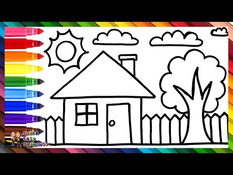 Draw and Color a House with a Garden 🏡🌳☀️☁️🌈 Drawings for Kids