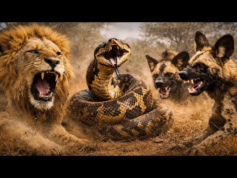 Deadly Triangle of the Savannah | Python vs Lion vs Wild Dogs – Animals Fight