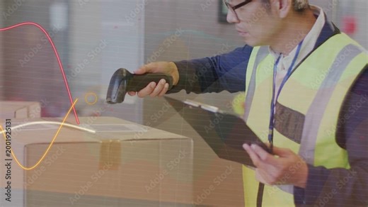 Packer raising scanner, scanning barcode and confirming dispatch while overlays appearing on label