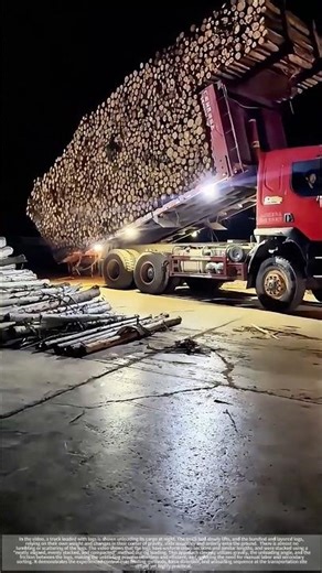 The process of unloading timber from a truck.
