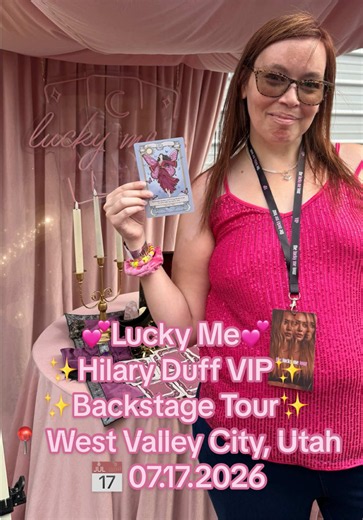 Future Tripping back to the Backstage Tour at @hilaryduff 💕 Lucky Me Tour Utah 07.17.2026 💕 We weren’t allowed cameras for most of it but here’s the moments we were. We got to see her mock dressing room with the outfits used in her tour announcement video along with one from her Small Rooms Big Nerves Tour. Then we got to choose a custom made designed by Hilary Tarot Card as that’s her pre show ritual.💕 We also learned lots of fun tour prep facts. And Hilary designed and decided every minute 