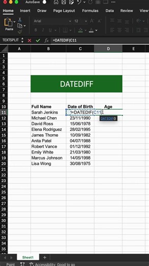 Calculate Age in Excel with DATEDIF #exceltutorial #excel #shorts