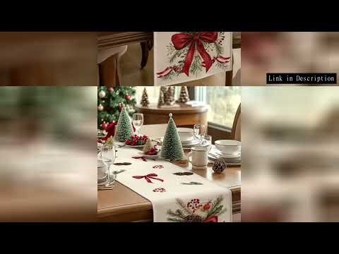 Christmas Themed Table Runner With Bow Pine Cone Holly Berries Print For Festive Dining Table Decor