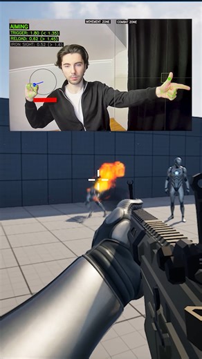 Duzgen on Instagram: "Unreal Engine + Python (OpenCV - MediaPipe) FPS game controlled with hand gestures. HOW IT WORKS 🔽 -I split the webcam feed into two zones. The left side works like a virtual joystick for movement, while the right side controls combat mechanics. -Hand landmarks are processed in Python and sent in real time to an OSC server inside Unreal Engine 5.7.1 using UDP. -In Unreal Engine, custom blueprints read these OSC messages and use it to drive the character movement and animat