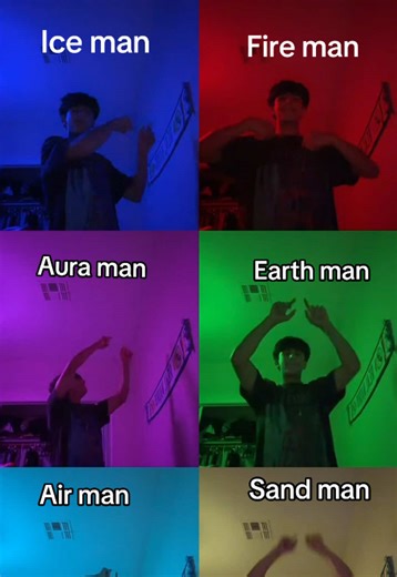 The video presents a single performer fragmented into six simultaneous identities, each occupying a color-coded panel labeled Ice Man, Fire Man, Aura Man, Earth Man, Air Man, and Sand Man. Over 34 seconds, the six figures execute a synchronized choreography that is both unified and distinct. What begins as a visual gimmick becomes a study in multiplicity, rhythm, and the aesthetics of digital self-presentation. The piece uses the bedroom as a stage, LED color as language, and repetition as struc