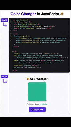 Color Changer Using JavaScript | Code vs Output 🔥#javascript #css #html #code #developerlife