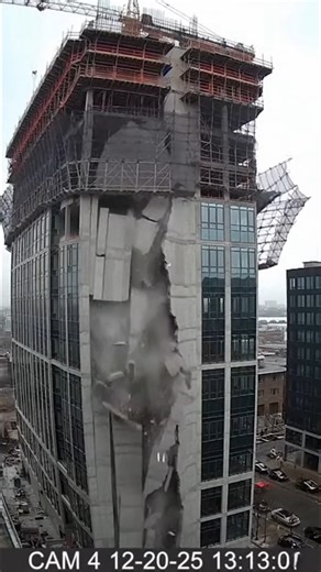 High-Rise Façade Collapses During Build Chicago, Illinois — October 28, 2025 A shocking construction camera video captured the moment a massive concrete facade peeled away from a high-rise tower being built in downtown Chicago on Tuesday afternoon. The catastrophic failure sent tons of debris raining down from the upper floors of the structure, raising immediate concerns about the building's integrity. The time-lapse footage, stamped just after 1 p.m., begins by showing a large, ominous crack ru