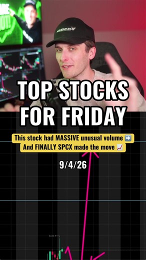 TOP 3 STOCKS FRIDAY 9/4/26 TRADING DAY WATCHLIST Finally SPCX made the move.. and now this stock had its biggest volume day.. in years! Is it ready for day 2? Want my full watchlist and to watch these trades and others in real-time? Claim your 7 day free trial! What stocks are you looking to trade tomorrow? #howtotrade #daytrading #investing #stockstowatch #momentum