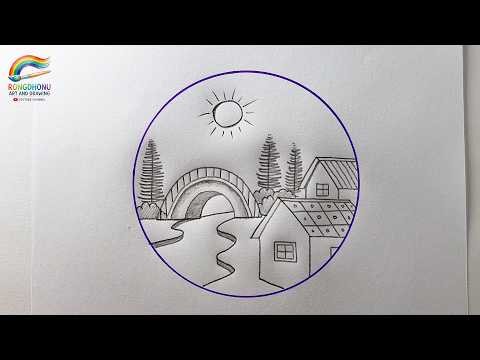 Easy Village Scenery Drawing Inside a Circle | Simple Bridge Landscape Drawing Step by Step