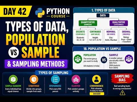 Python Course Day 42 | Types of Data, Population vs Sample & Sampling Methods | Data Science