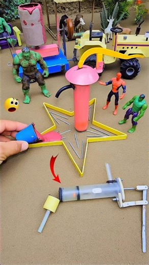 Mini water handpump science project with red star concrete & mixer diy tractor cow farm|videoNo.513🔥