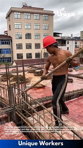 Construction: Workers Using Wooden Bars to Bend and Adjust Steel Rebar on Building Site