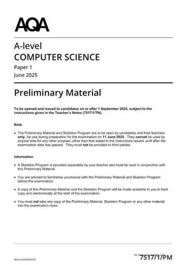 2025 AQA A Level Computer Science Preliminary Material Paper 17517 1 Pm