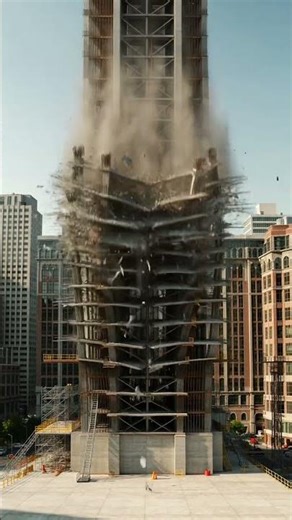 Building demolition with explosion and falling debris. #buildingcollapse #cinematicscene #crane