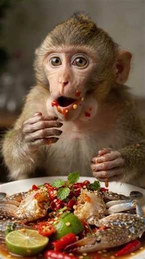 ASMR Fat Monkey Eating Spicy Blue Crab Salad! Messy & Satisfying 🐒🦀🔥