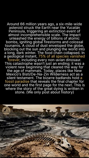 66 million years ago, an asteroid caused 75% extinction. Uncover this history at Bisti/De-Na-Zin Wilderness, a fossil paradise in New Mexico. The asteroid's impact created a thin layer of iridium—an element rare on Earth but common in asteroids—in rock strata all over the world, marking the precise boundary of the extinction event for geologists. | Revealed