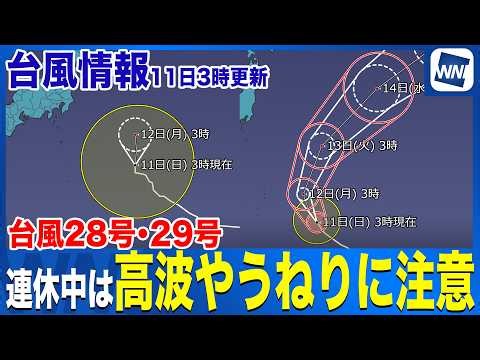 【台風28号29号 2026】非常に強い台風29号は北東へ 太平洋側は引き続き高波注意（11日3時更新）