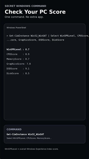 💻 Want to check your PC’s score ? Open PowerShell and run this command:Get-CimInstance Win32_WinSAT