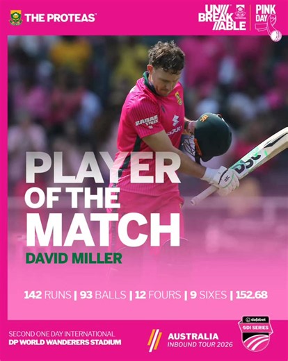 𝐃𝐀𝐕𝐈𝐃 𝐌𝐈𝐋𝐋𝐄𝐑 𝐒𝐈𝐌𝐏𝐋𝐘 𝐔𝐍𝐒𝐓𝐎𝐏𝐏𝐀𝐁𝐋𝐄! David Miller at his absolute best! The Proteas' veteran left-hander produced a sensational career-best 142 off just 93 balls to power South Africa to a memorable 32-run victory over Australia at the Bullring and deservedly walked away with the Player of the Match award. Miller's numbers tell the story: ▪︎ 142 runs off 93 balls ▪︎ 8th ODI century ▪︎ 12 fours ▪︎ 9 sixes ▪︎ Strike rate: 152.68 ▪︎ 156-run partnership with Temba Bavuma The 