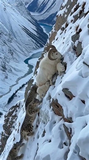 Snow Leopard Hunts Mountain Goat & Baby on Cliff 😱🐆🐐