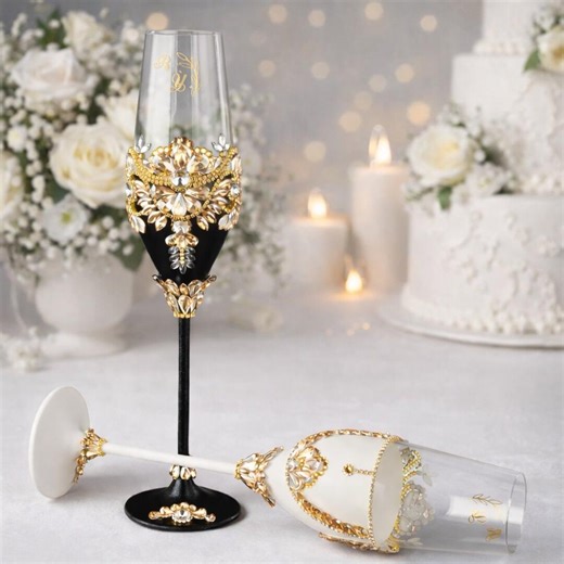 Black and White Wedding Champagne Glasses Set, Bride and Groom Toast Flutes, Server Set - Etsy