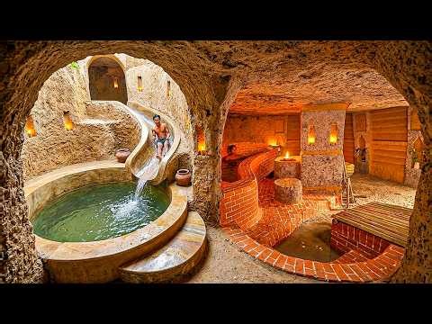 250 Days Building a Carved Cave House with Hot Jacuzzi & Cold Plunge Pool Using Primitive Tools