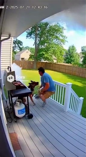 German Shepherd Pulls Owner Away Moments Before Porch Grill Explosion Ignites😱#dog #amazing #shorts
